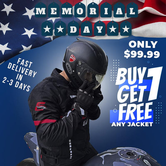 Buy motorcycle jacket online – Memorial Day BOGO gear deal from GPI Moto with waterproof protection and CE armor.