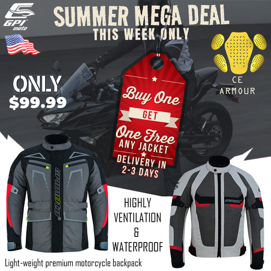GPI Moto motorcycle jackets summer deal - buy one jacket get another free, durable 600D Cordura fabric, CE armor protection, stylish biker gear.