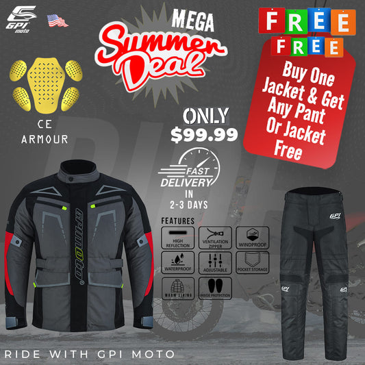 High-quality GPI Moto motorcycle jacket and riding pant set with CE armor, breathable mesh, and 600D A+ Cordura – Buy 1, Get 1 Free offer.