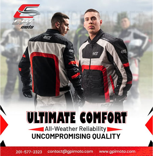 Rider wearing GPI Moto textile motorcycle jacket with CE armor on a road trip