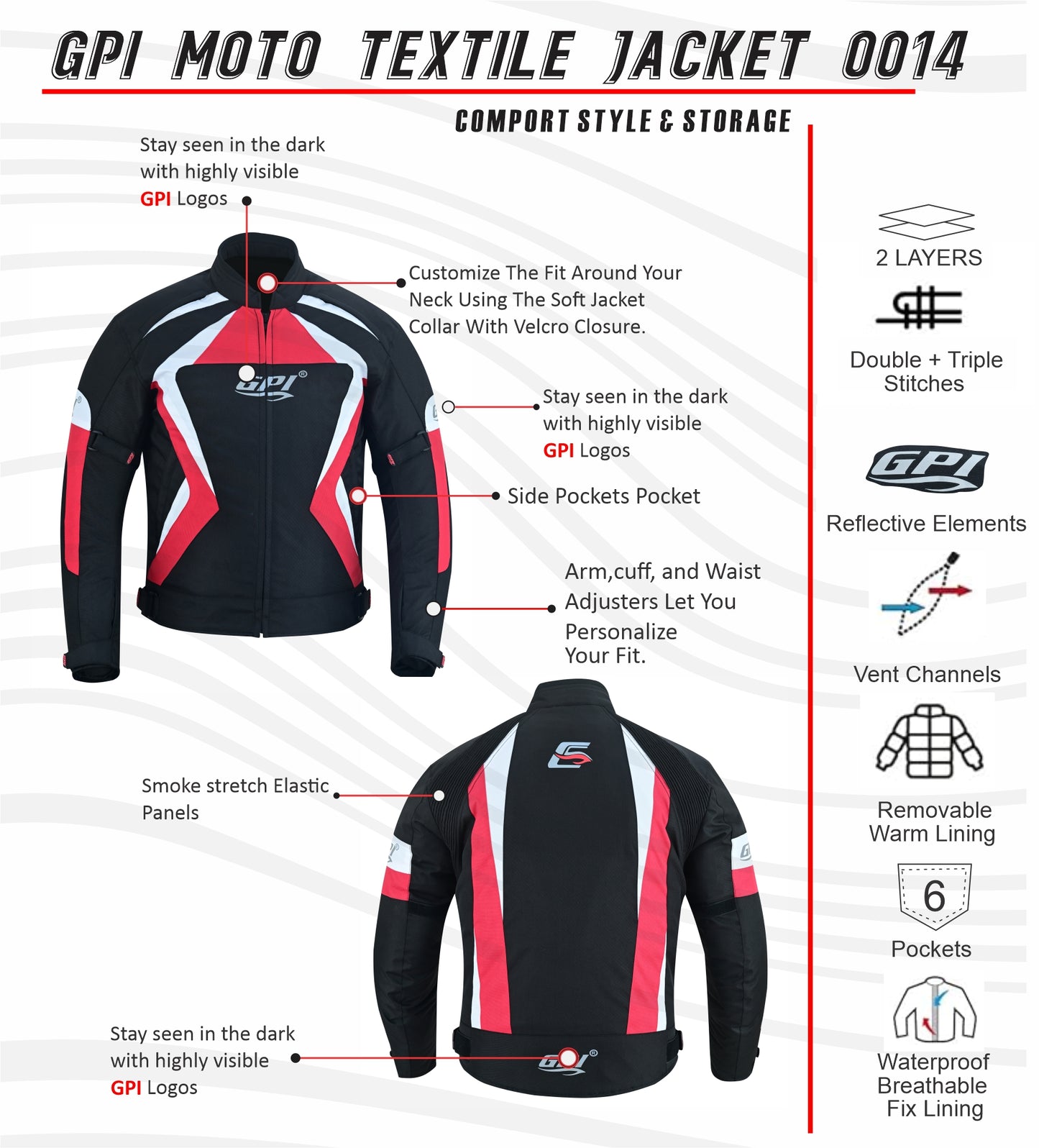 Men’s High Premium Quality All Season 4 Pockets Waterproof Motorcycle Black/Red/White Jacket-