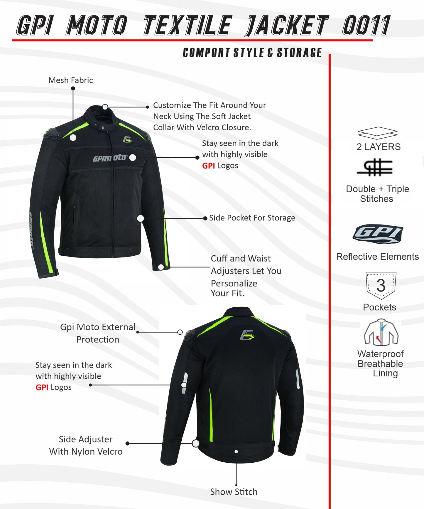 Chaqueta de moto impermeable de verano de alta calidad para hombre, con 4 bolsillos, color negro/fluorescente