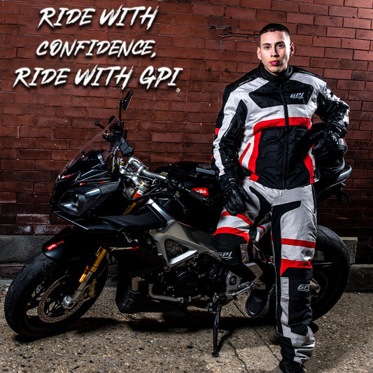 Rider wearing GPI Moto jacket – windproof, waterproof, and impact-protected gear