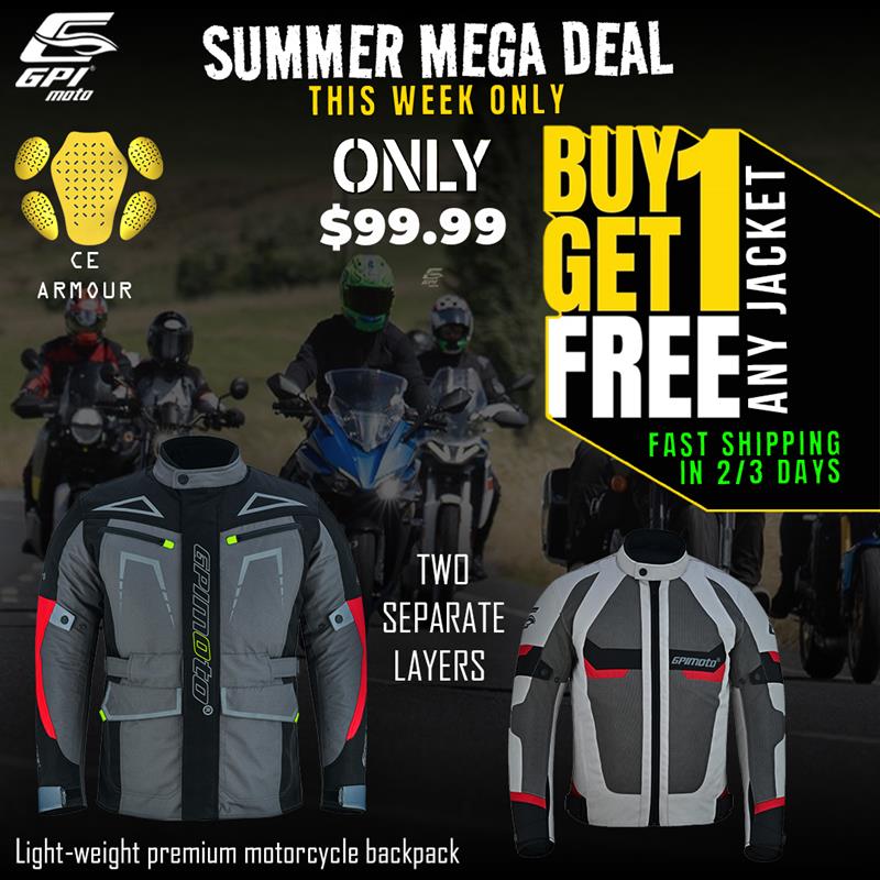 Motorcyclist wearing GPI Moto armored jacket on the road