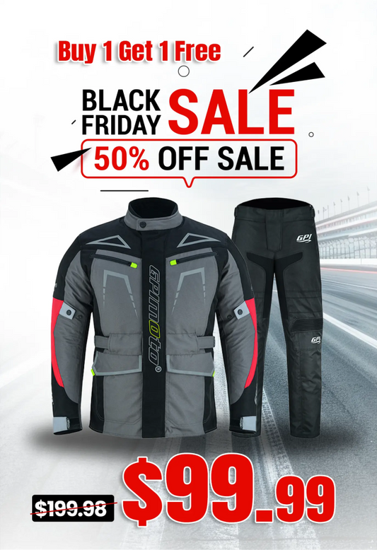 GPI Moto Black Friday Buy One Get One Free motorcycle jacket and pants $99.99, high-quality CE armor, waterproof riding gear for men and women.