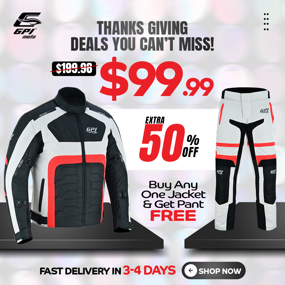 GPI Moto motorcycle jacket and pants Buy One Get One Free Thanksgiving sale $99.99 with fast shipping USA.