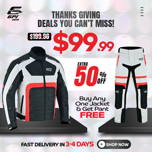 GPI Moto motorcycle jacket and pants Buy One Get One Free Thanksgiving sale $99.99 with fast shipping USA.