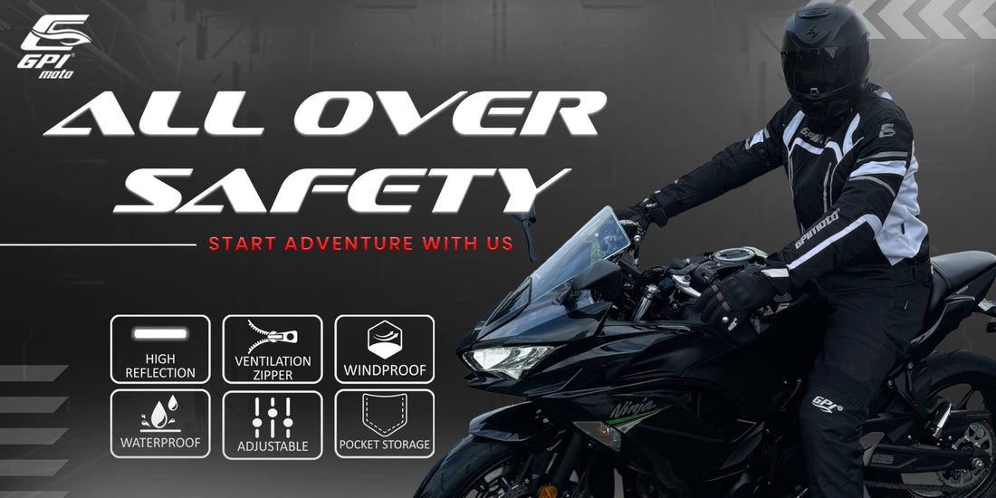 GPI Moto textile motorcycle jacket with CE armor and 600D A+ Cordura material – windproof, waterproof, and ventilated design for men and women.