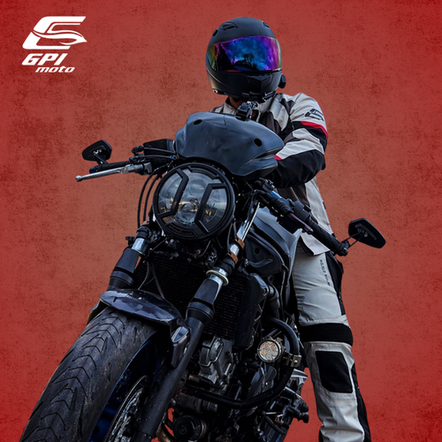 Motorcycle rider showcasing premium riding gear during GPI Moto's Father's Day June Sale.