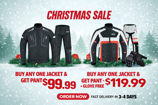 Christmas Sale Buy any one motorcycle jacket and get pants for $99.99, or get a jacket, pants, and gloves bundle for $119.99.