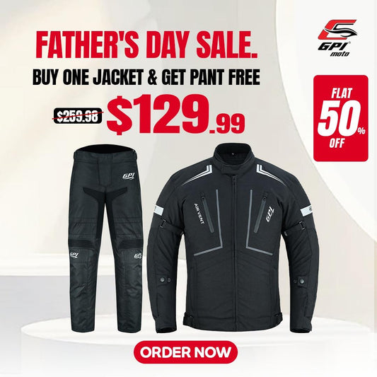 Father's Day motorcycle gear sale featuring a rider wearing a protective motorcycle jacket and riding pants with GPI Moto Buy One Get One FREE promotion.
