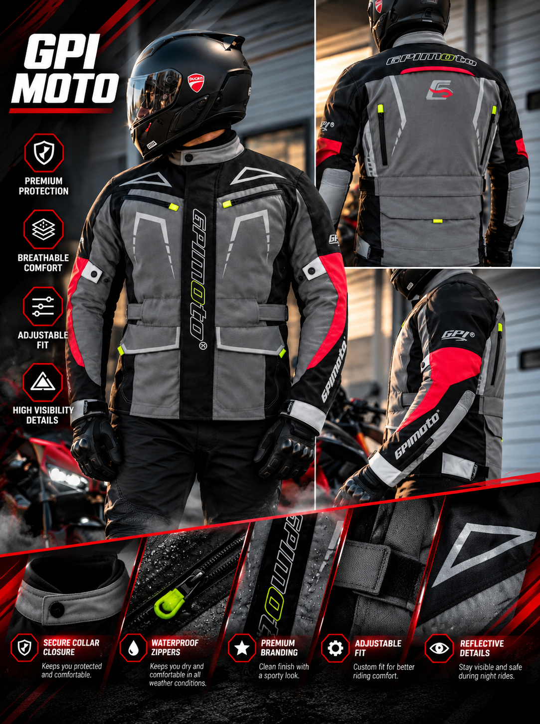 Chaqueta de moto para hombre, suave, ajustable y de alta calidad, para todas las estaciones, con 6 bolsillos, gris/negro