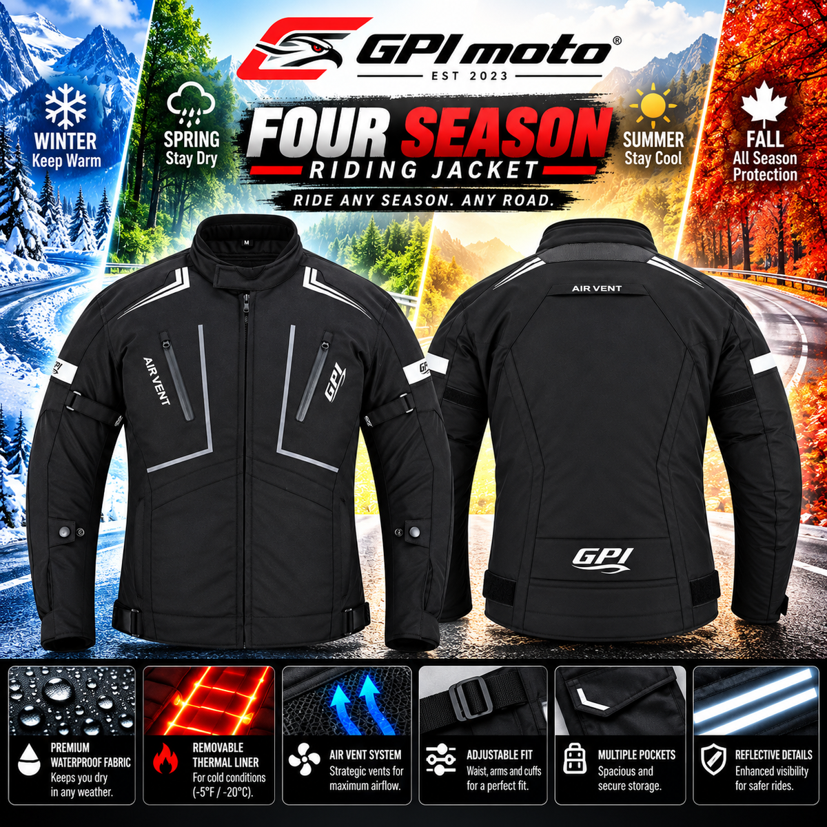 Chaqueta de moto para hombre, suave, ajustable y de alta calidad, para todas las estaciones, con 4 bolsillos, color negro