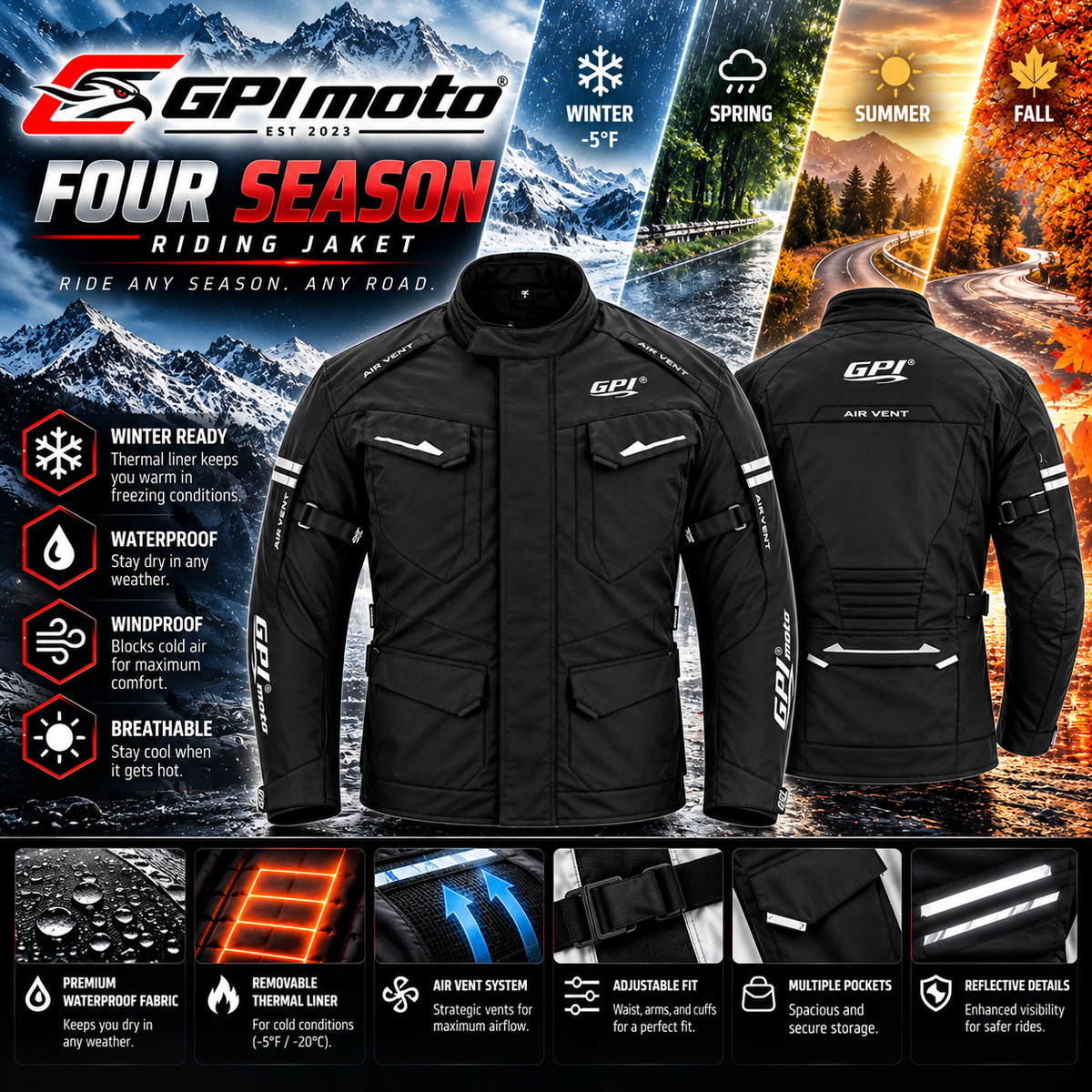 Men’s All-Season High Premium Quality Waterproof Motorcycle Jacket with Removable Armor – Full Black-
