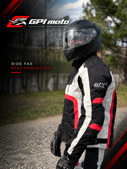 Men’s All-Season High Premium Quality Waterproof Motorcycle Jacket with 4 Pockets – Black/Beach/Red-