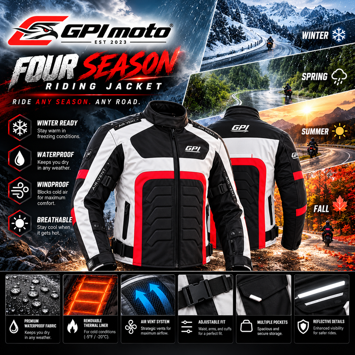 Men’s All-Season High Premium Quality Waterproof Motorcycle Jacket with 4 Pockets – Black/Beach/Red-