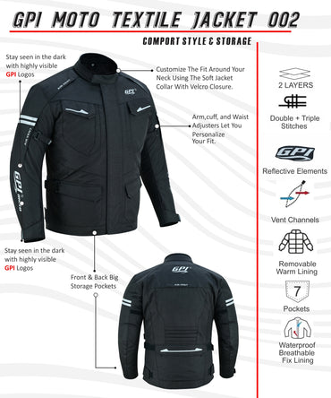 Men’s All-Season High Premium Quality Waterproof Motorcycle Jacket with Removable Armor – Full Black-