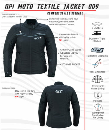 Women’s All-Season High Premium Quality Wind & Waterproof Motorcycle Jacket – Full Black-