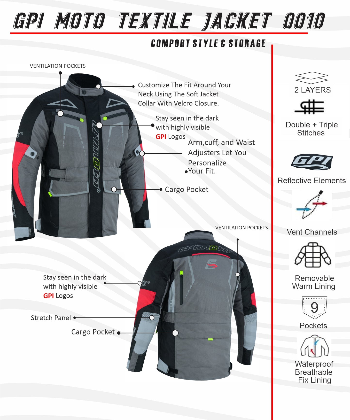 Men’s All-Season High Premium Quality Soft Adjustable Motorcycle Jacket – 6 Pockets, Grey/Black