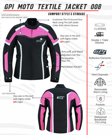 Women’s All-Season High Premium Quality Soft Motorcycle Jacket with 4 Pockets – Pink/Black-