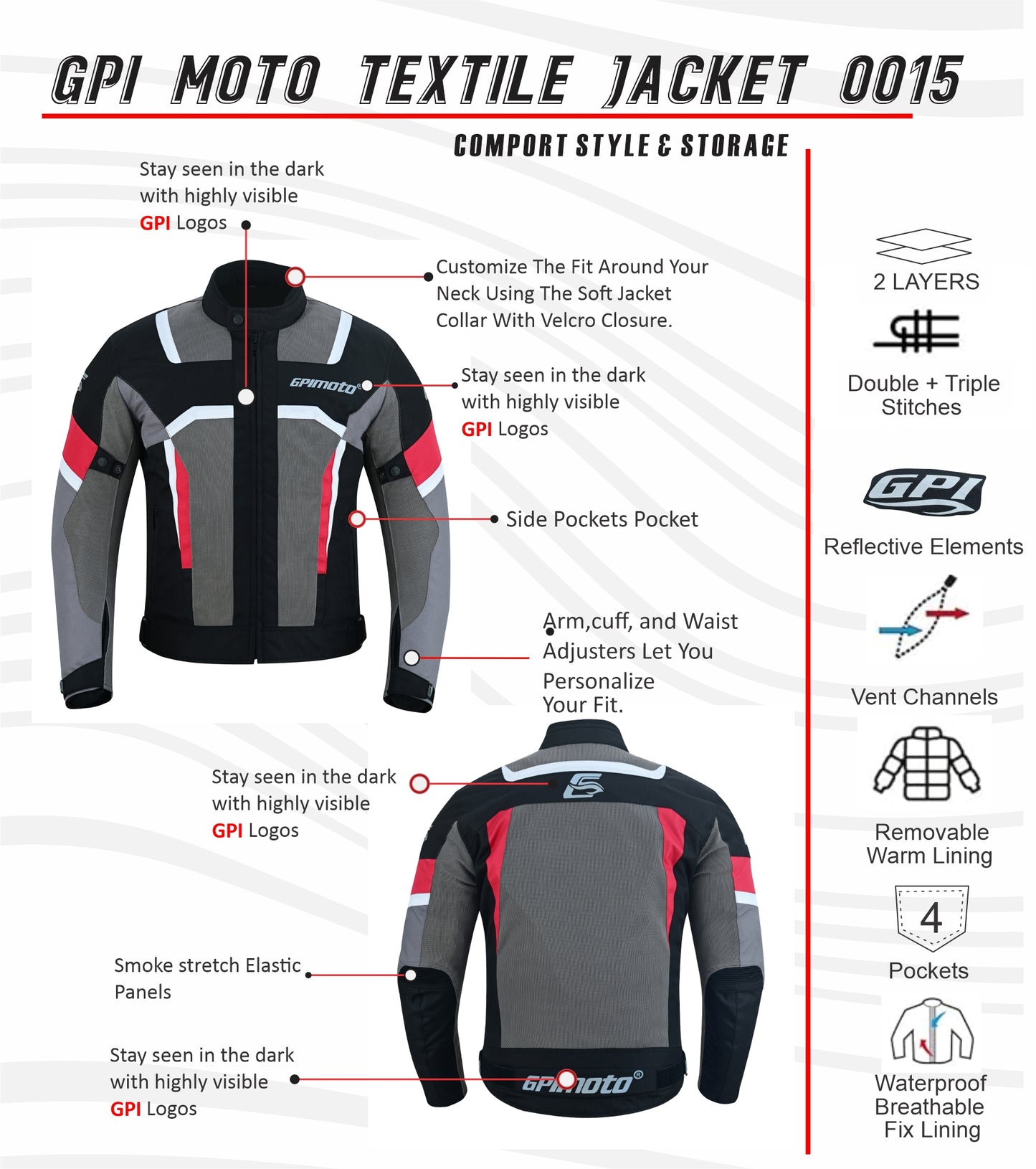 Chaqueta de moto impermeable de verano para hombre, de alta calidad, con 4 bolsillos, color negro, rojo y gris