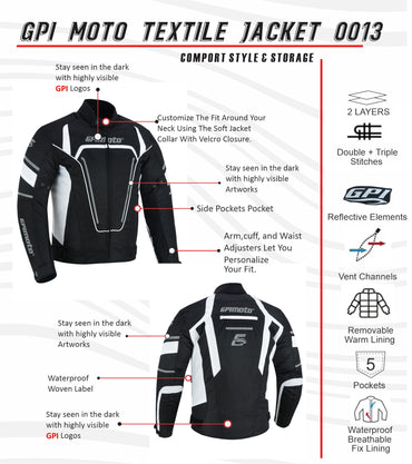 Men's All Season High Premium Quality 4 Pockets Waterproof Motorcycle Jacket – Black/White-