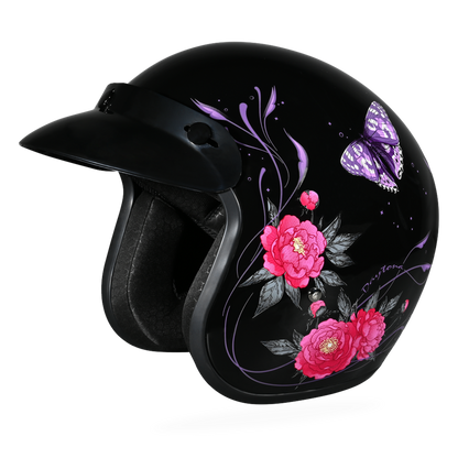 DOT Approved Daytona Cruiser Open Face Motorcycle Helmet - Men, Women & Youth - With Visor & Graphics - W/ Butterfly