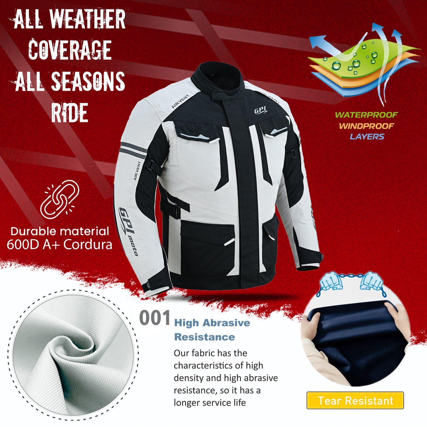 Chaqueta de moto impermeable de alta calidad para hombre, para todas las estaciones, con 7 bolsillos, color playa/negro