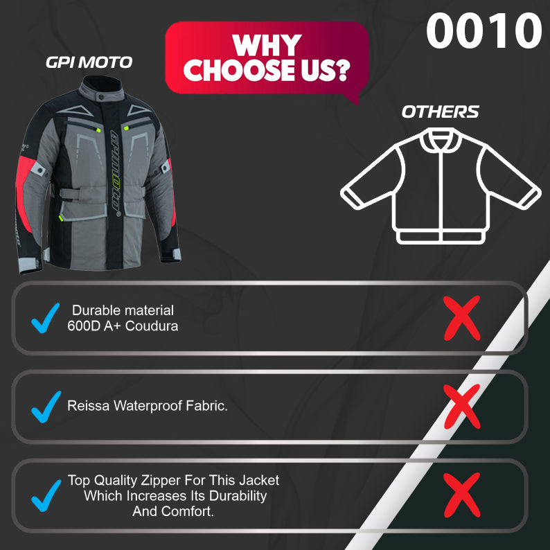 Men’s All-Season High Premium Quality Soft Adjustable Motorcycle Jacket – 6 Pockets, Grey/Black