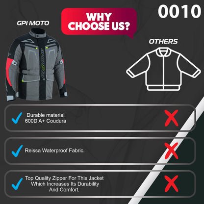 Men’s All-Season High Premium Quality Soft Adjustable Motorcycle Jacket – 6 Pockets, Grey/Black
