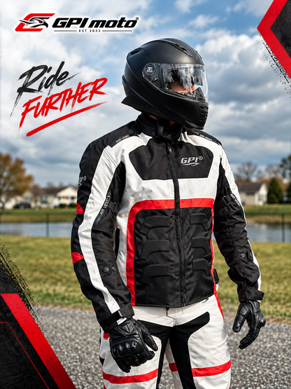Men’s All-Season High Premium Quality Waterproof Motorcycle Jacket with 4 Pockets – Black/Beach/Red-