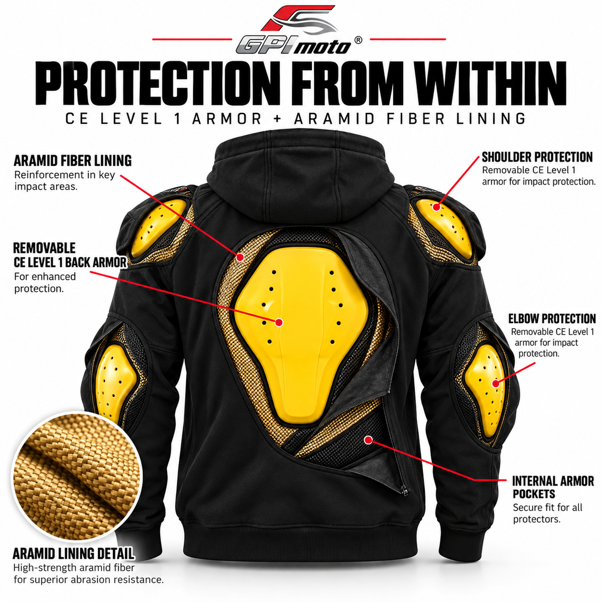 GPI Moto Men’s Armored Motorcycle Riding Hoodie – Certified CE Protection | Aramid Reinforced