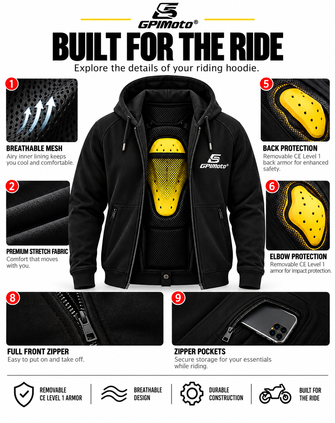 GPI Moto Men’s Armored Motorcycle Riding Hoodie – Certified CE Protection | Aramid Reinforced