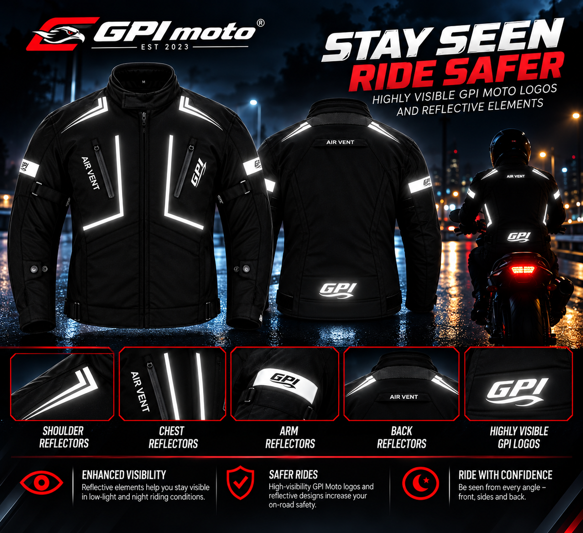 Chaqueta de moto para hombre, suave, ajustable y de alta calidad, para todas las estaciones, con 4 bolsillos, color negro