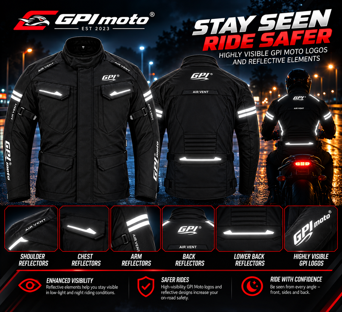 Men’s All-Season High Premium Quality Waterproof Motorcycle Jacket with Removable Armor – Full Black-