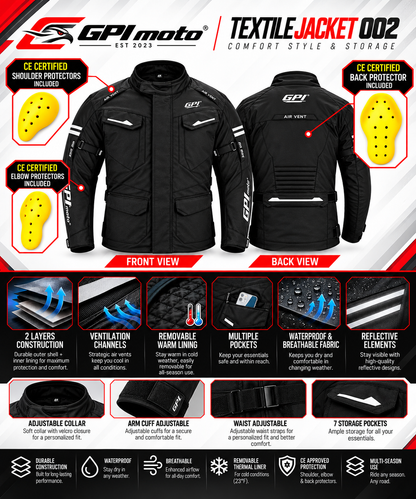 Men’s All-Season High Premium Quality Waterproof Motorcycle Jacket with Removable Armor – Full Black-