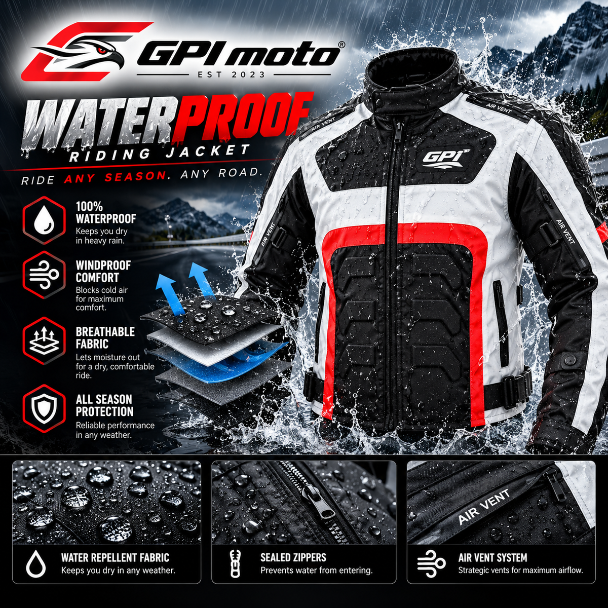 Men’s All-Season High Premium Quality Waterproof Motorcycle Jacket with 4 Pockets – Black/Beach/Red-