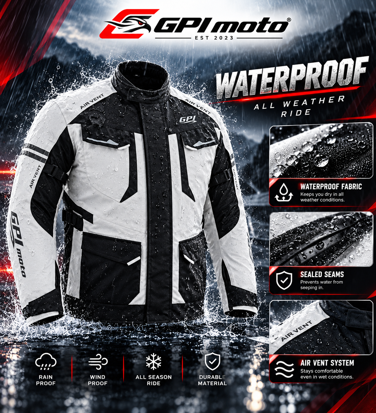 Men’s All-Season 7 Pockets Waterproof High Premium Quality Motorcycle Jacket – Beach/Black-