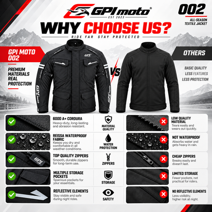 Men’s All-Season High Premium Quality Waterproof Motorcycle Jacket with Removable Armor – Full Black-