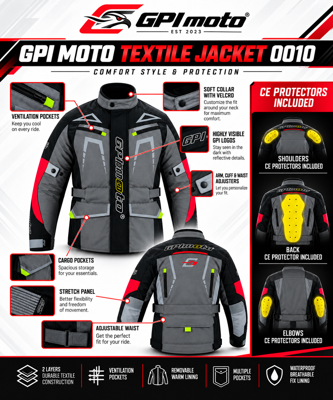 Chaqueta de moto para hombre, suave, ajustable y de alta calidad, para todas las estaciones, con 6 bolsillos, gris/negro