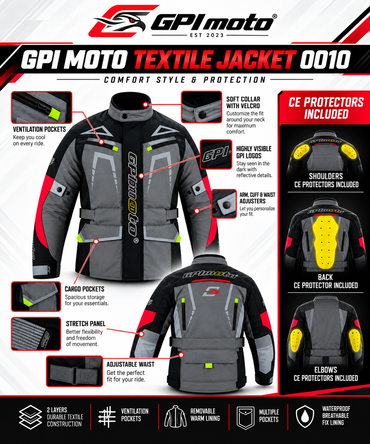 Men’s All-Season High Premium Quality Soft Adjustable Motorcycle Jacket – 6 Pockets, Grey/Black-
